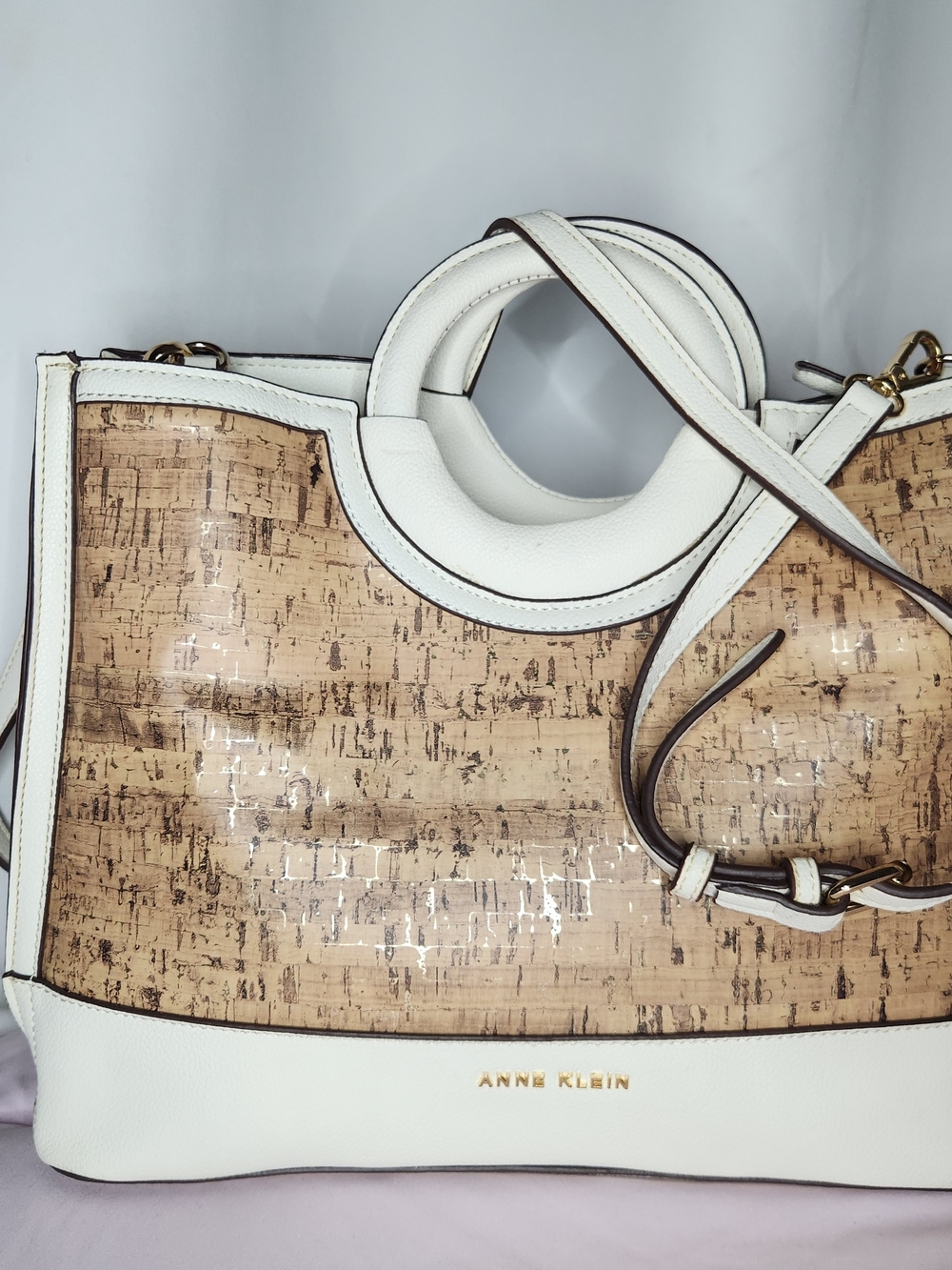 Anne Klein White and Cork-Pattern Tote with Round Handles